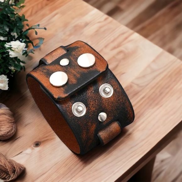 Men’s Leather Cuff, Wristband l Brown/Black Soft P/U l  2-Snap Adj Design l New - Picture 5 of 10